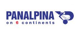 Logotipo de Panalpina con texto azul y un icono del globo terráqueo, además del eslogan «en 6 continentes»