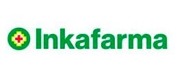 Logotipo de Inkafarma con texto verde y una cruz médica roja dentro de un círculo verde