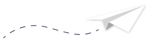 White paper airplane graphic with a dashed flight path trailing behind it.