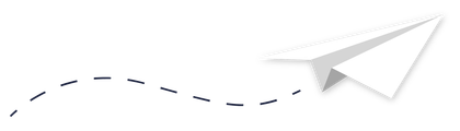 White paper airplane graphic with a dashed flight path trailing behind it.