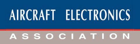 Aircraft Electronics Association logo with blue, red, and gray color blocks and bold text.