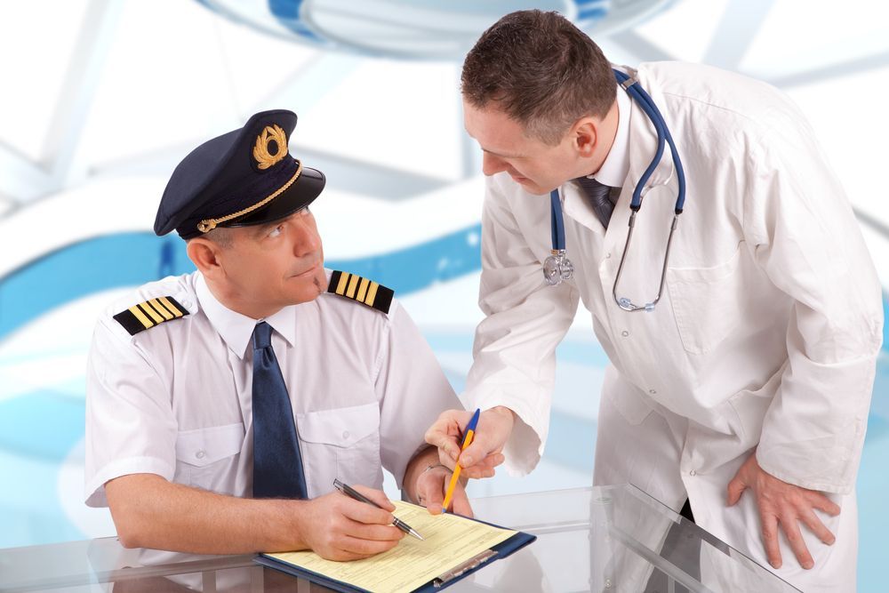 Pilot completing FAA medical exam with aviation medical examiner before flight certification