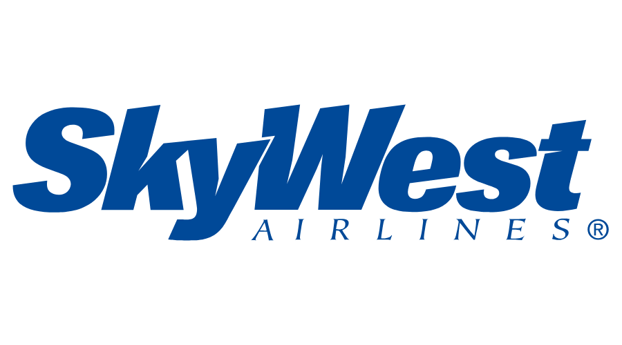 SkyWest Airlines logo in bold blue lettering representing regional airline brand.