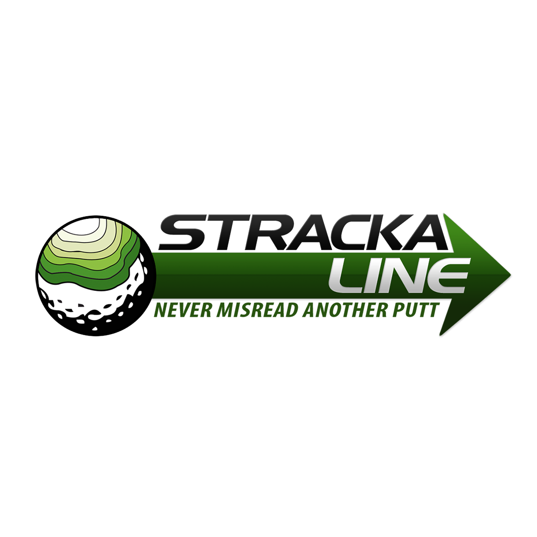 StrackaLine golf logo with green putting line and tagline “Never misread another putt”