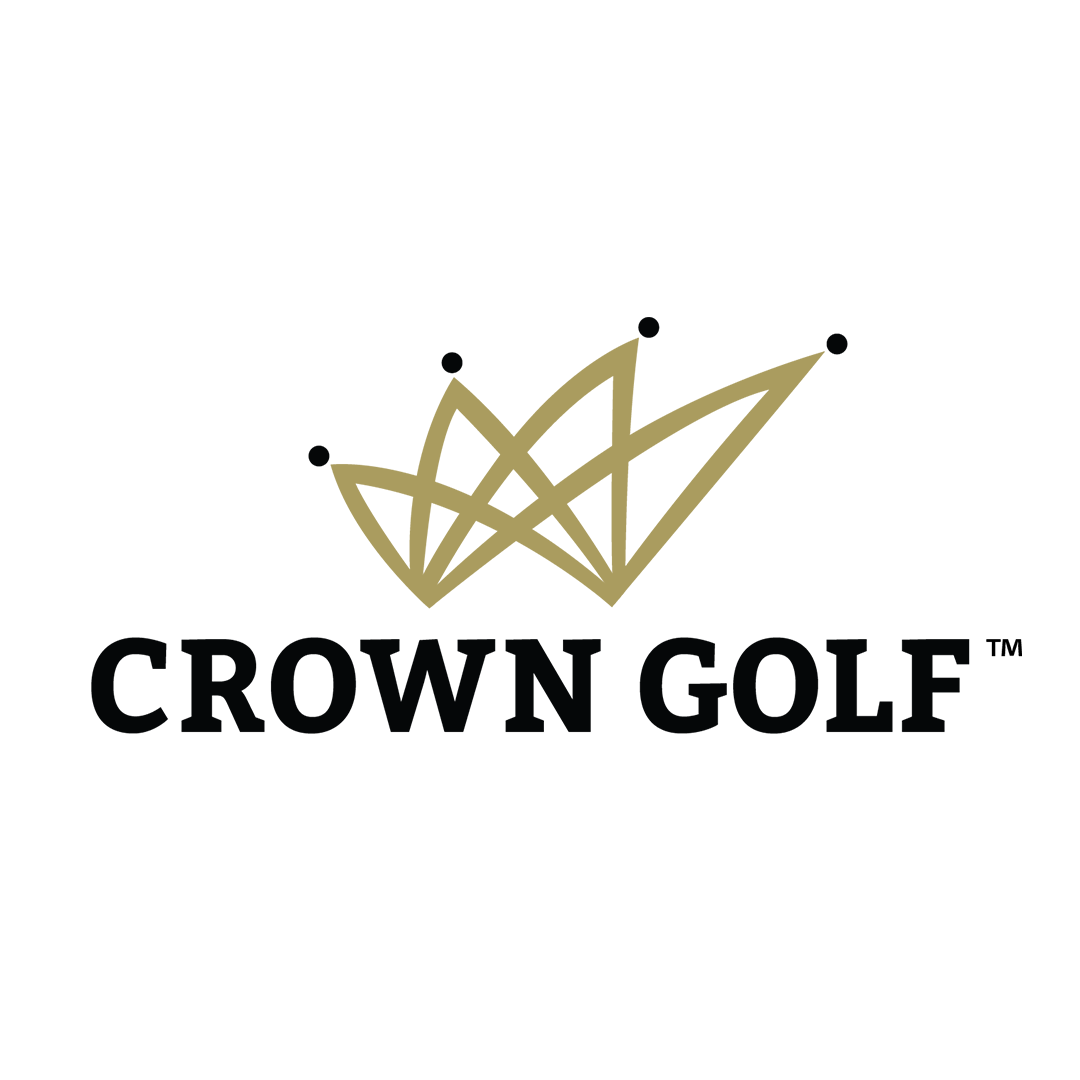 Crown Golf logo with gold crown outline and bold black text on a white background