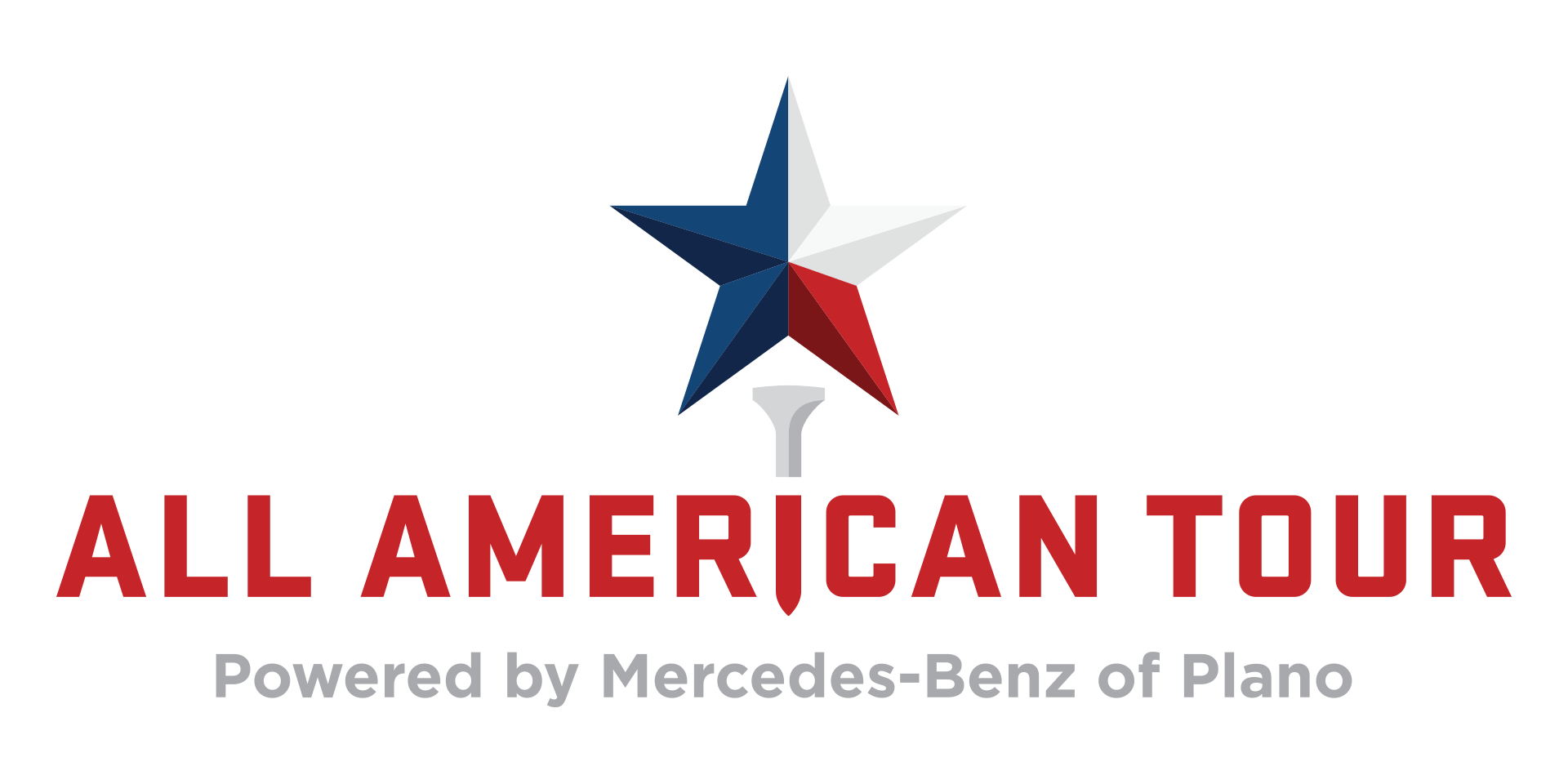 ALL AMERICAN TOUR logo with red and blue star and “Powered by Mercedes-Benz of Plano” text