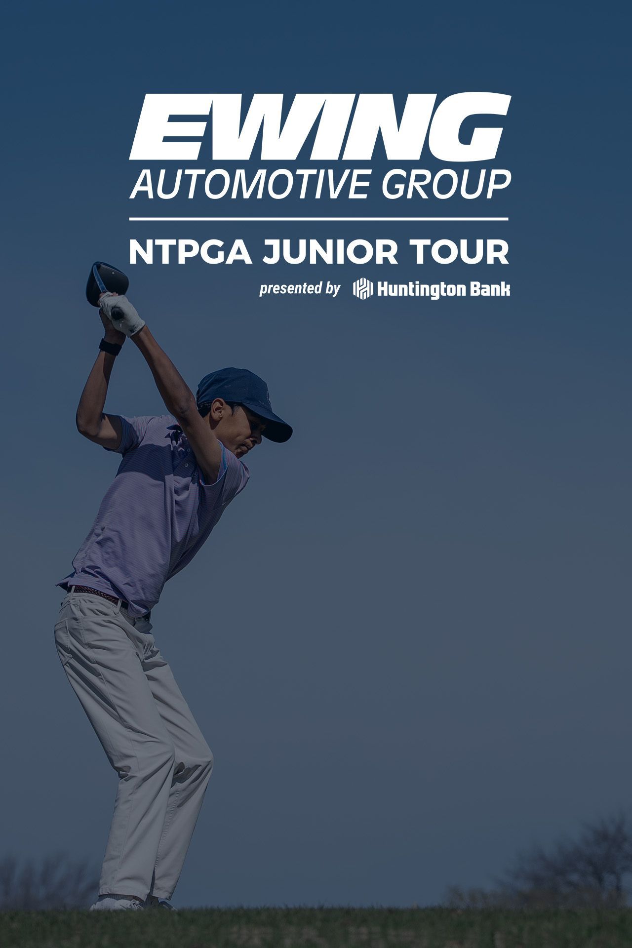 Golfer mid-swing on a course at dusk with “Ewing Automotive Group NTPGA Junior Tour” text