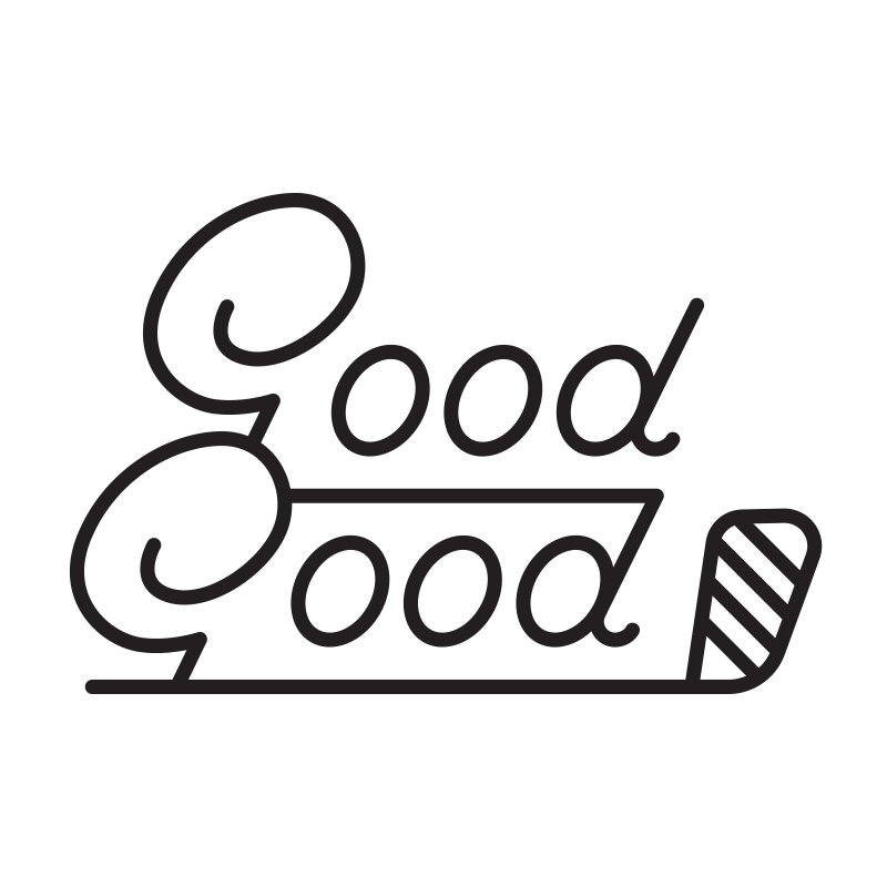 Black hand-drawn “Good Good” text with a small striped hockey stick icon underneath.
