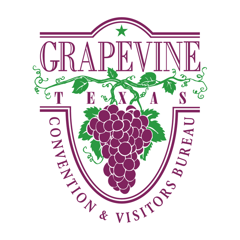 Grapevine, Texas Convention & Visitors Bureau logo with purple grapes, green leaves, and star emblem