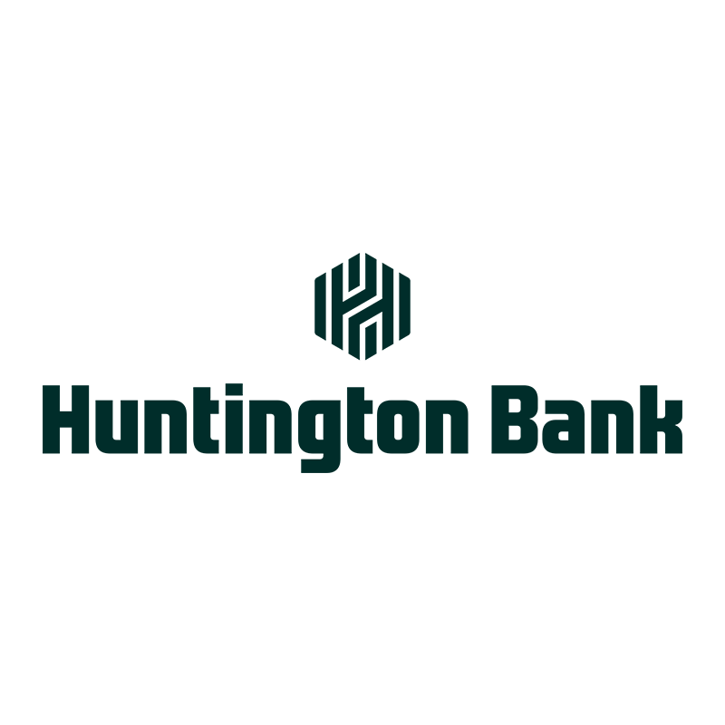 Huntington Bank logo in dark green with hexagonal icon on a white background
