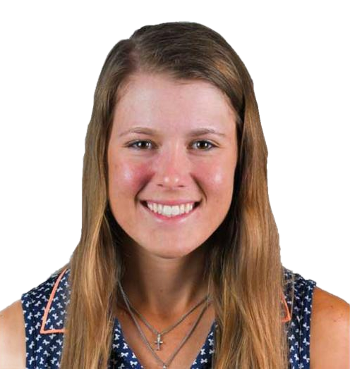 Portrait of a smiling blonde person against a white background, wearing a black top and necklace