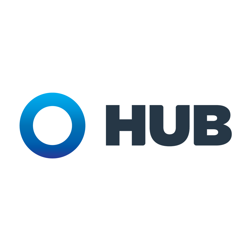 Blue ring icon next to dark gray “HUB” text on a white background