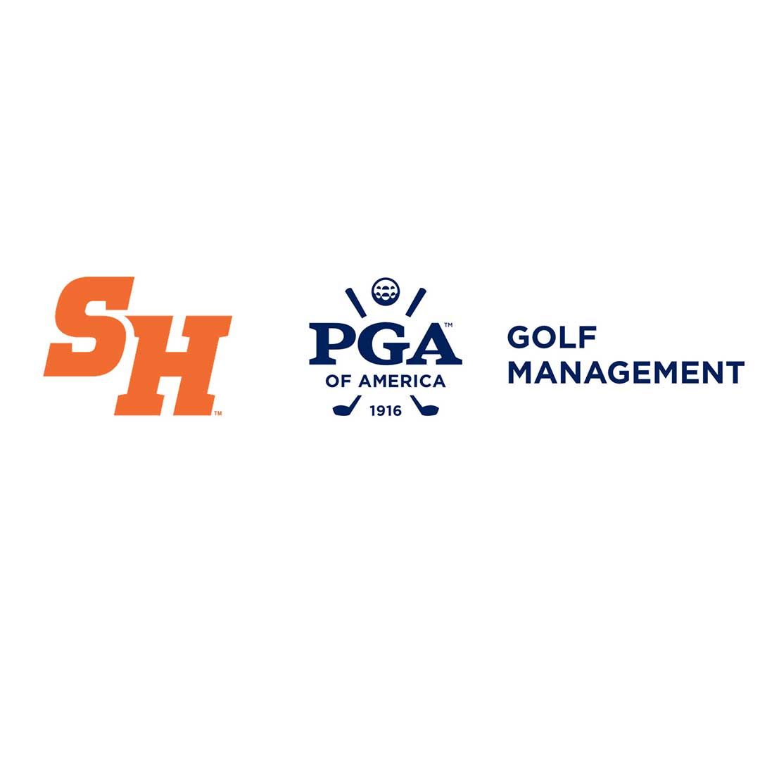 SH logo beside PGA of America Golf Management logo on white background