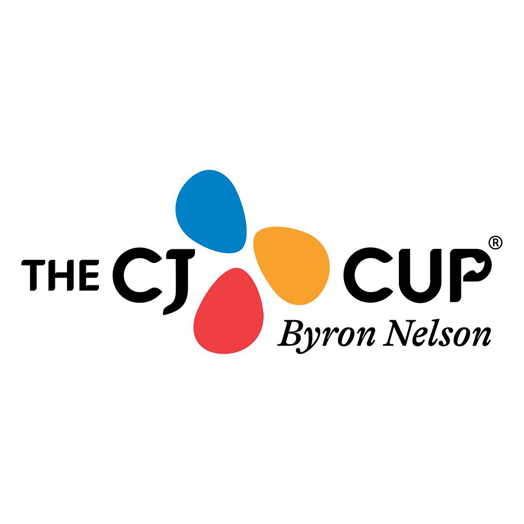 The CJ Cup Byron Nelson logo with blue, red, and orange petals on a white background