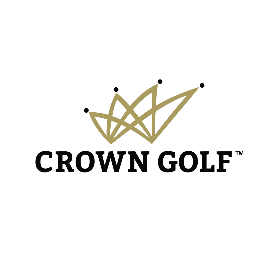 Crown Golf logo with gold geometric crown above black text on a white background