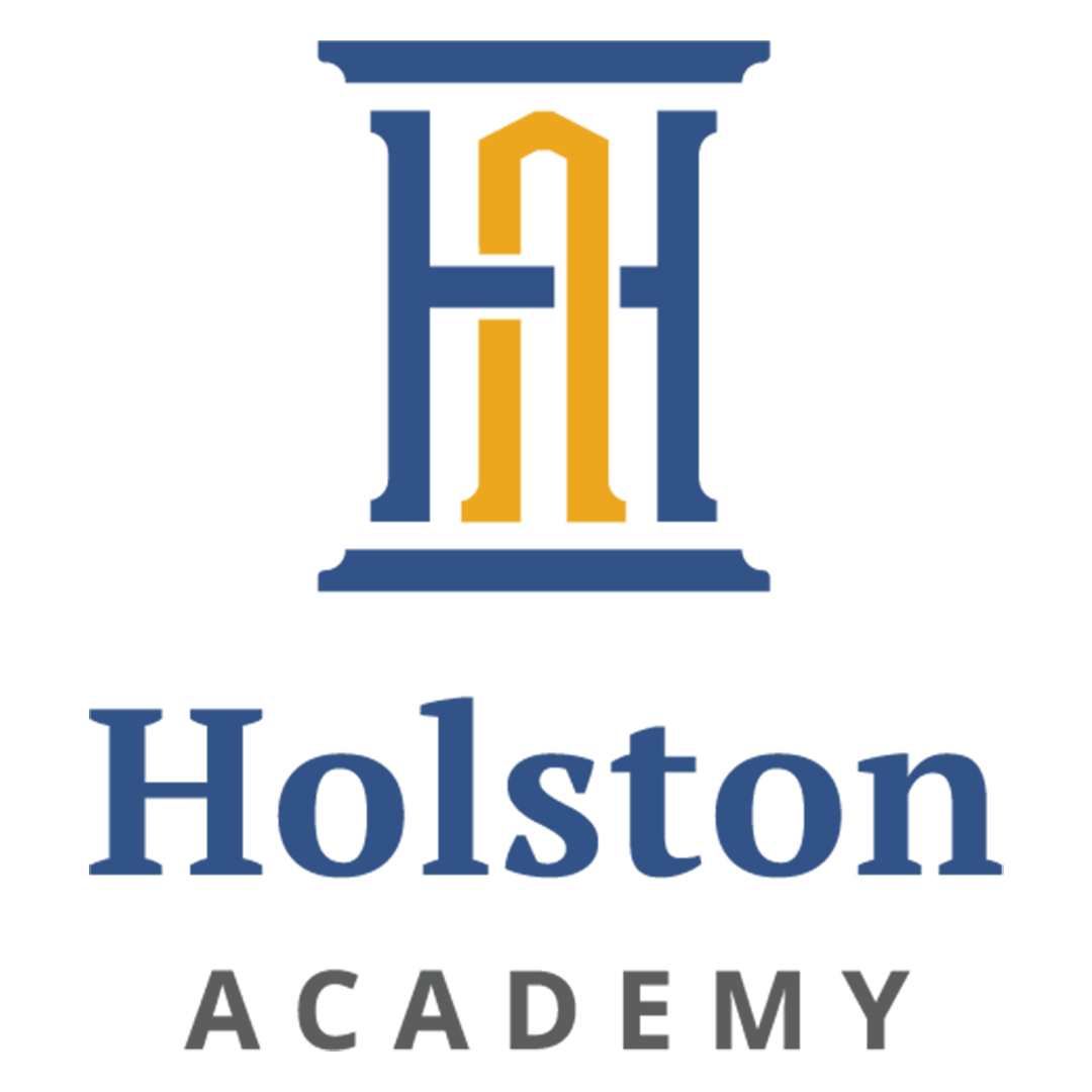 Holston Academy logo with blue and gold monogram above the school name