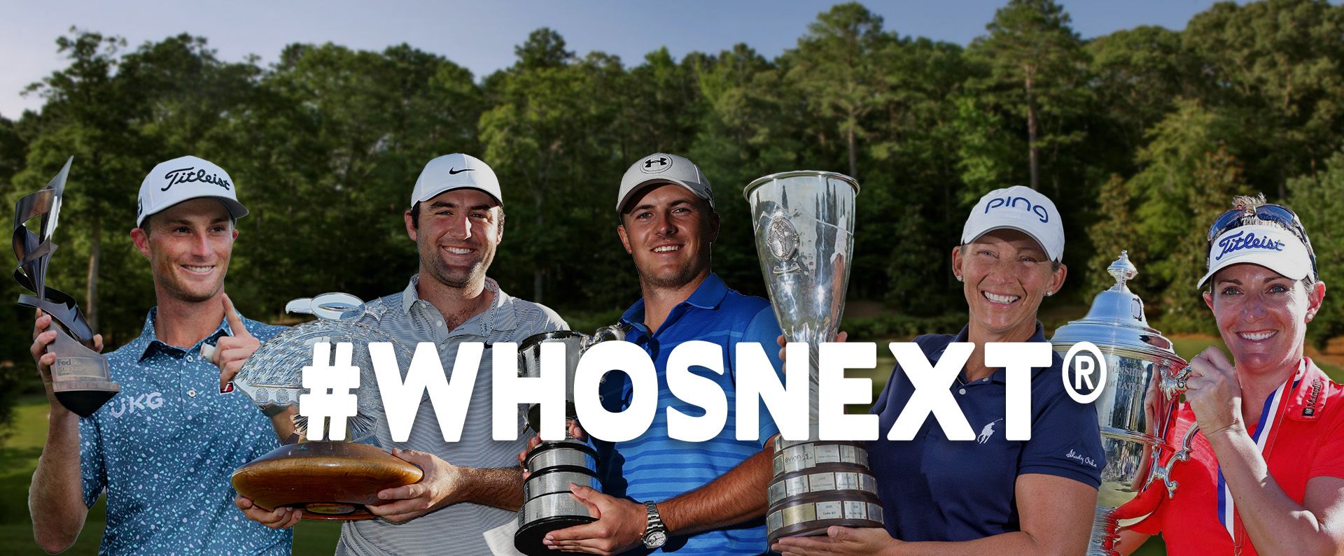 Golfers pose with trophies behind a large “#WHOSNEXT” sign outdoors.