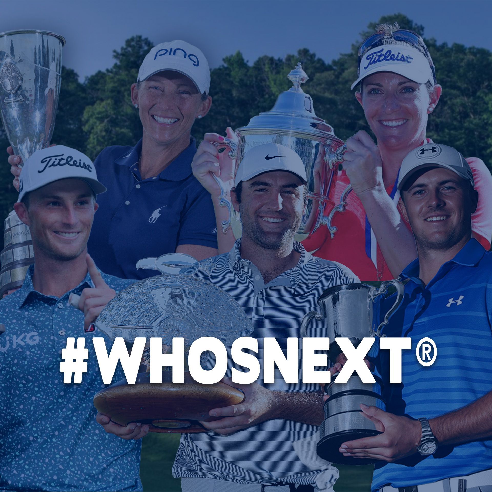 Golfers pose with trophies behind a large “#WHOSNEXT” sign outdoors.