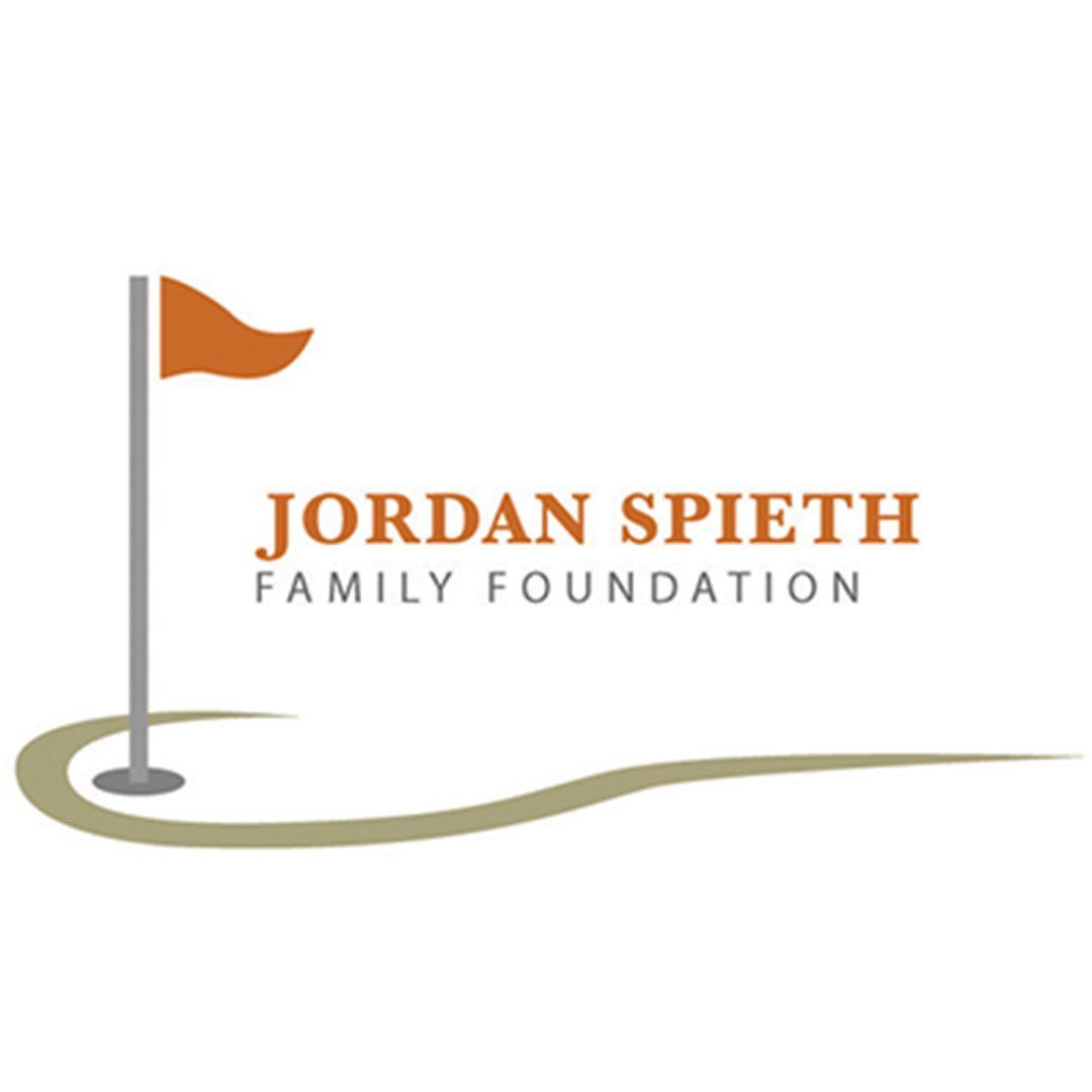 Jordan Spieth Family Foundation logo with orange flag and text over a gray and tan swoosh