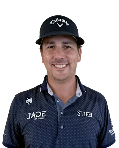 Smiling golfer in black Callaway cap and navy Stifel/Jade polo against a white background