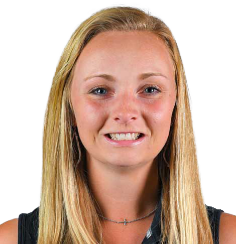 Portrait of a smiling blonde person against a white background, wearing a black top and necklace