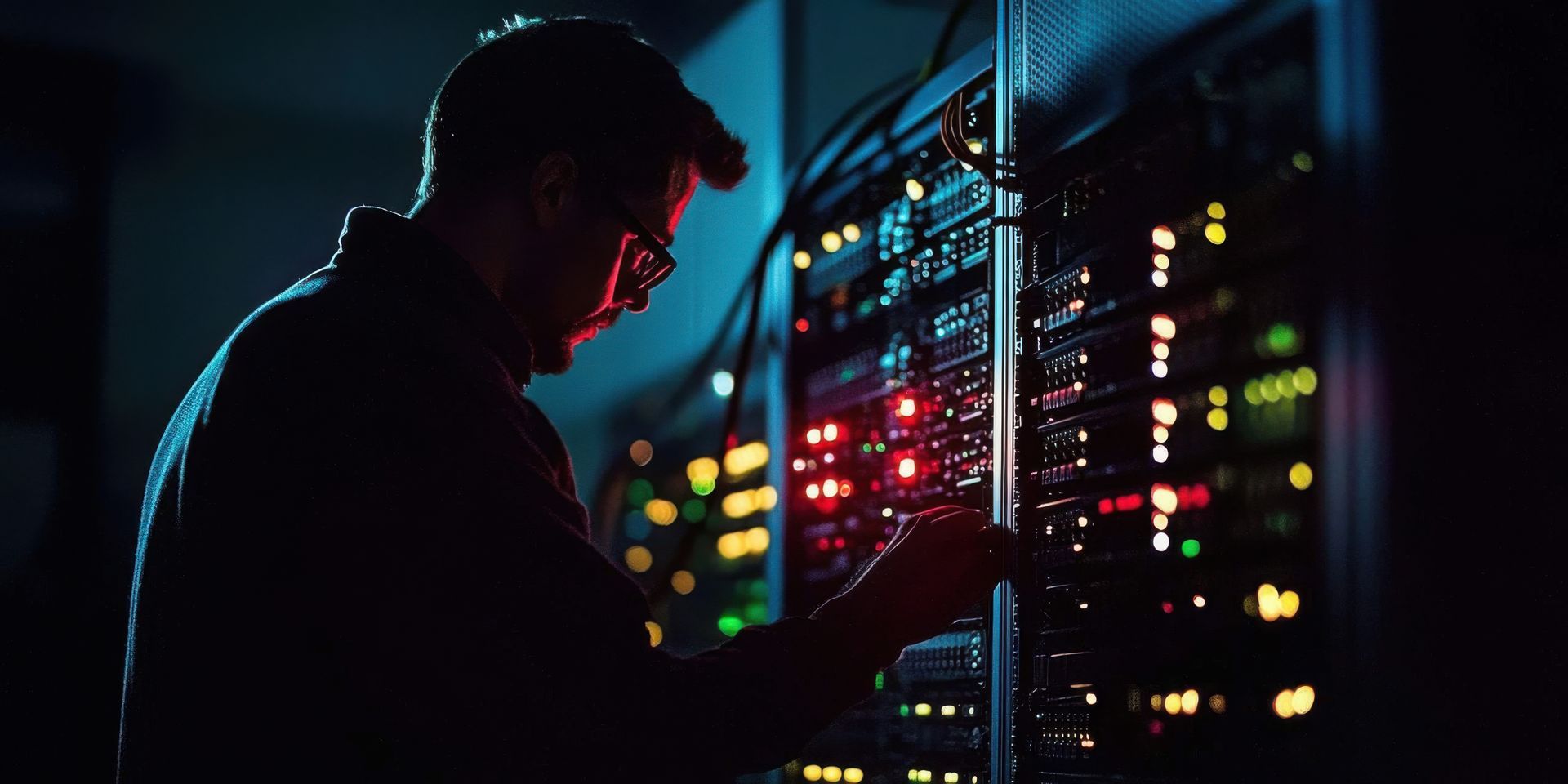 A person working on a server rack. The room is dark with the servers emitting various colors of light.