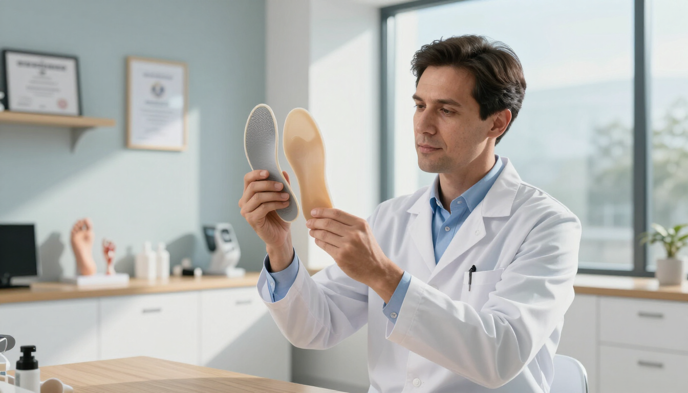 Professional podiatrist holding a custom-made orthotic insert in a medical clinic.