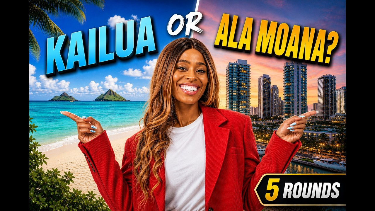 Woman in red jacket between Kailua beach and Ala Moana skyline, with “5 rounds” text