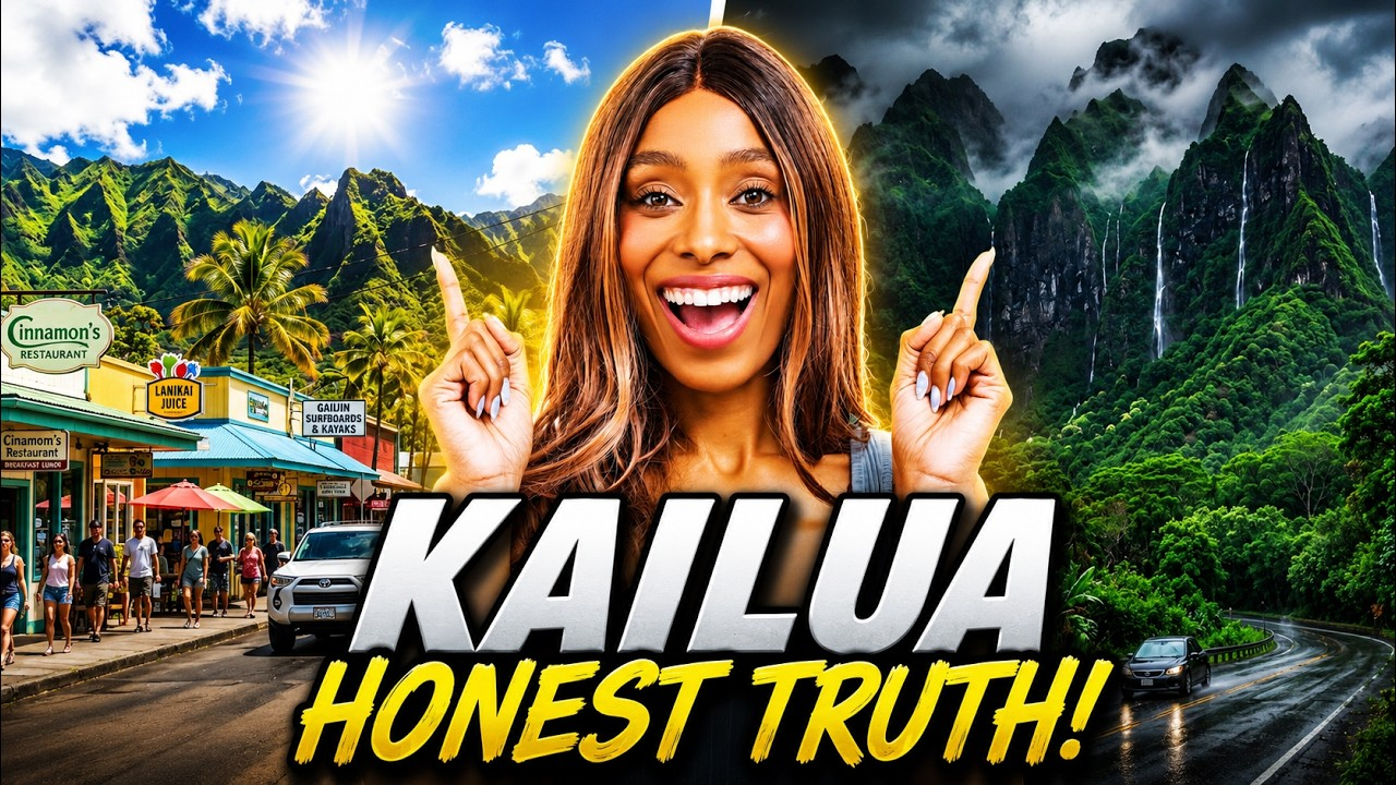 Woman smiling and pointing up over bold text “KAILUA HONEST TRUTH!” with lush green mountains behind her