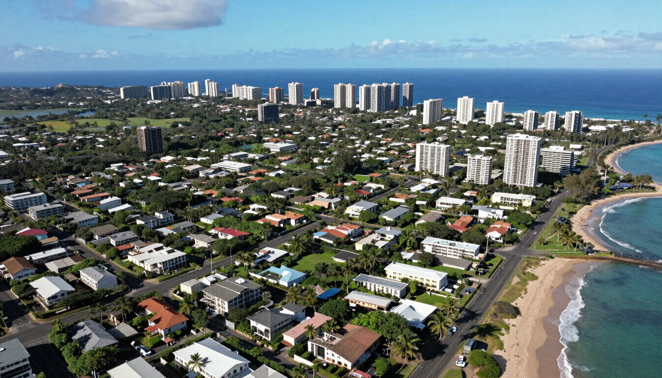 Aerial map overview of Oahu, Hawaii showing coastline, mountain ranges, and major neighborhoods