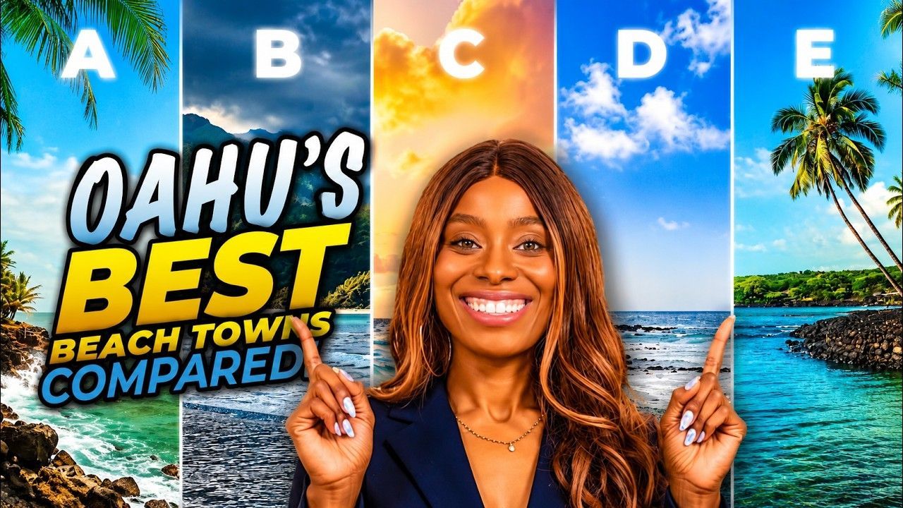 Thumbnail with smiling host and “Oahu’s Best Beach Towns Compared” text beside beach scenes labeled A–E
