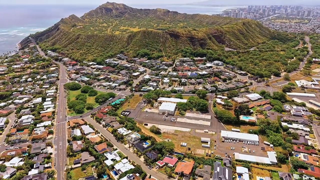 Aerial view of Southeast Metro Oahu coastline including Kahala and Diamond Head