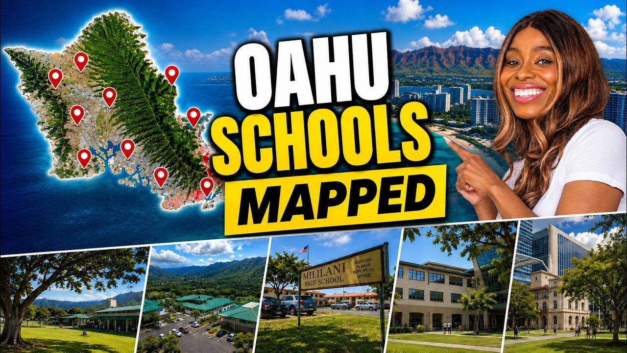Oahu schools map graphic with campus photos and a smiling host on the right