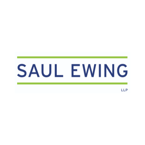 Saul Ewing LLP logo in blue with green lines on white background