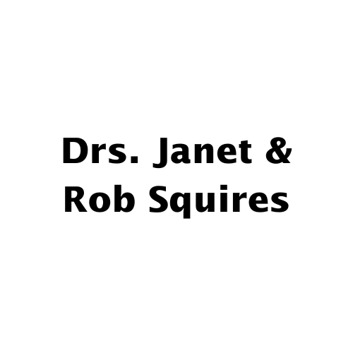 Text reading “Drs. Janet & Rob Squires” in bold black on a white background