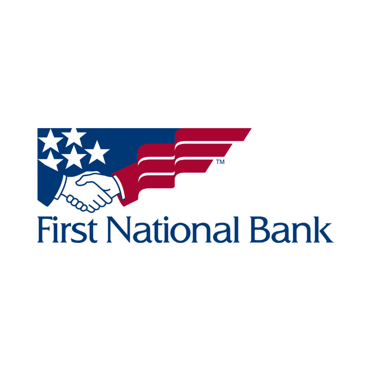 First National Bank logo with blue and red flag, stars, and handshake icon