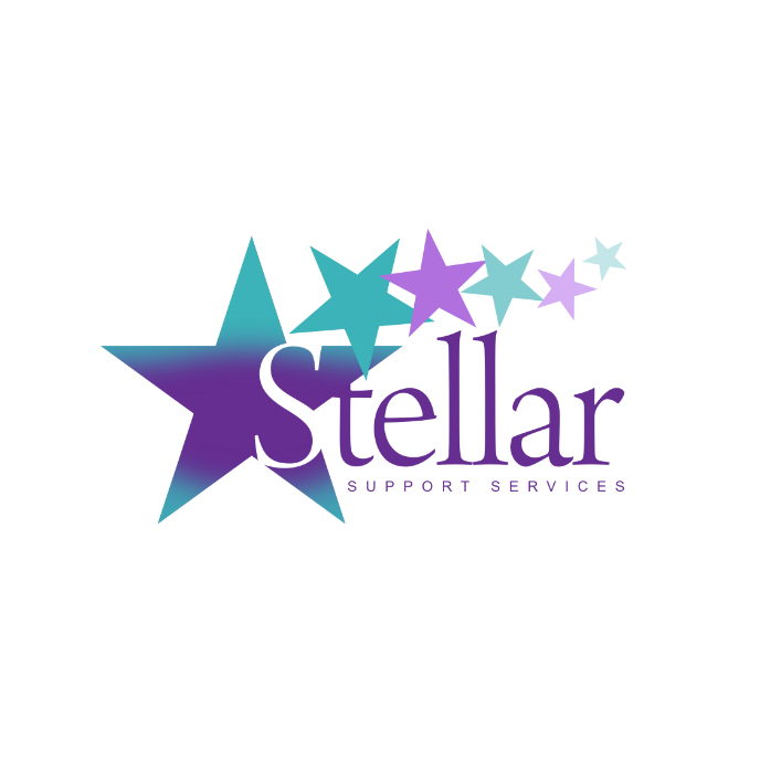 Stellar Support Services logo with purple and teal stars and text on white background