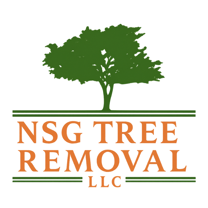NSG Tree Removal LLC logo with green tree silhouette and orange text