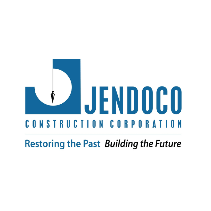 Jendoco Construction Corporation logo in blue and gray with the tagline “Restoring the Past Building the Future”