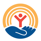 Hands cupping a person with raised arms under orange arcs, symbolizing support and care.