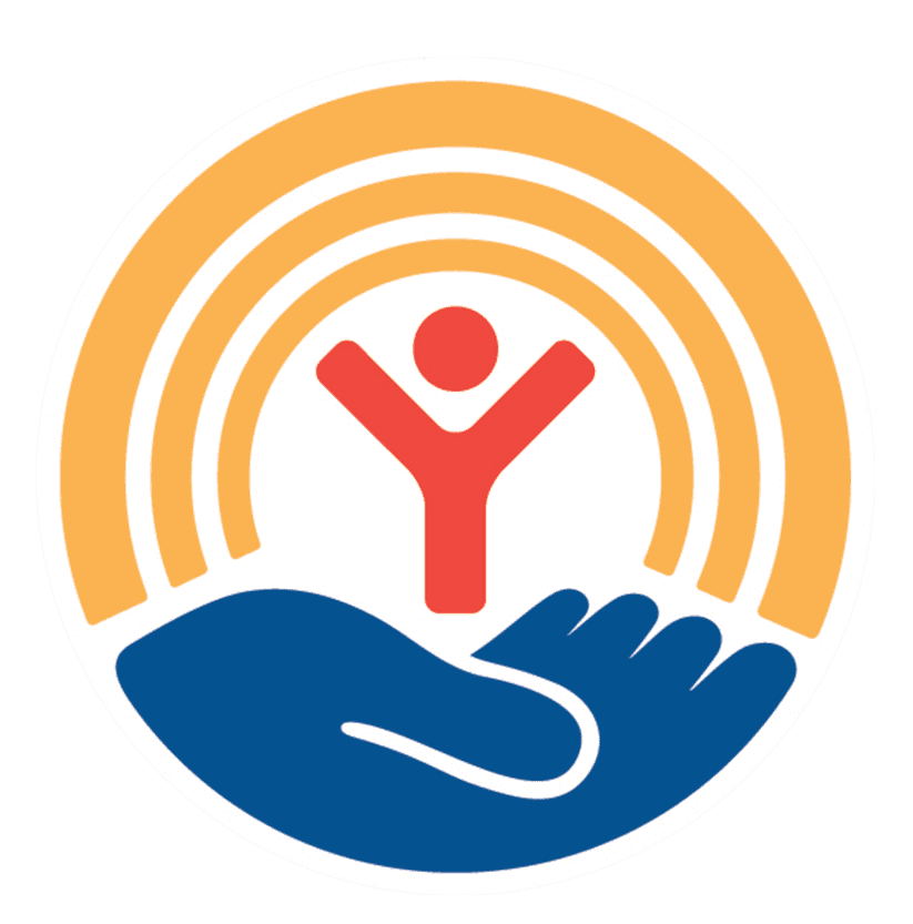 Hands cupping a person with raised arms under orange arcs, symbolizing support and care.