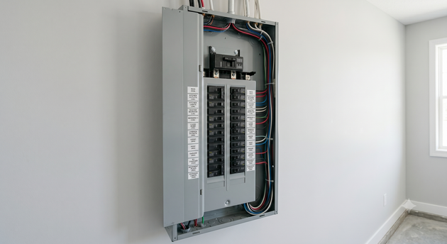 Open electrical breaker panel mounted on a white wall in a bright room