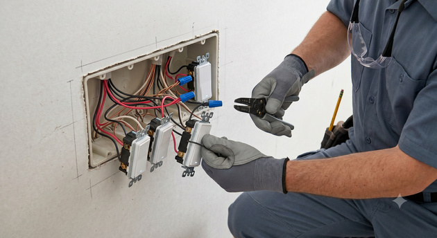 Electrician in gloves wiring an open wall electrical box with exposed red and black cables.
