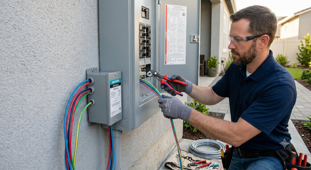 Electrician working on an outdoor electrical panel, connecting wires beside a building wall.