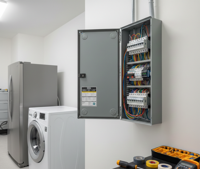 Open electrical panel on a wall in a laundry room, next to a washing machine, dryer, and refrigerator.