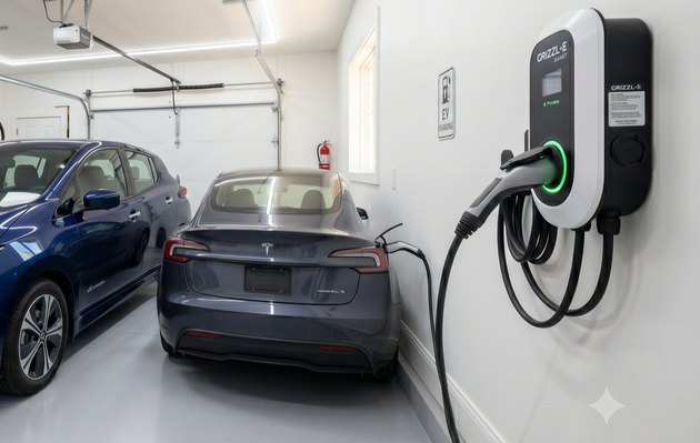 Electric car charging in a garage beside a blue car and a gray Tesla.