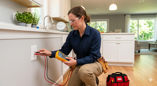 Person testing an electrical outlet with a multimeter in a bright kitchen, tool bag beside them