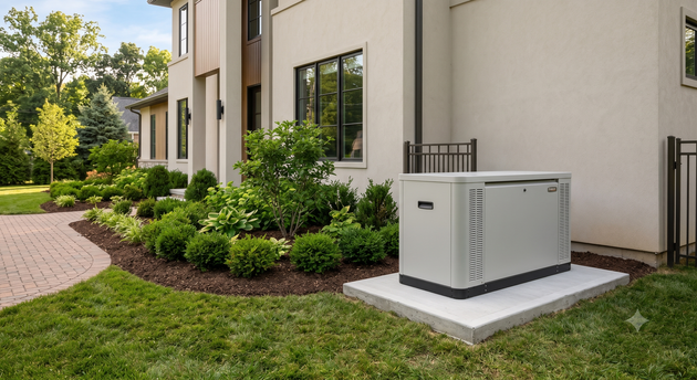 White outdoor generator beside a beige apartment building, surrounded by landscaped shrubs and lawn