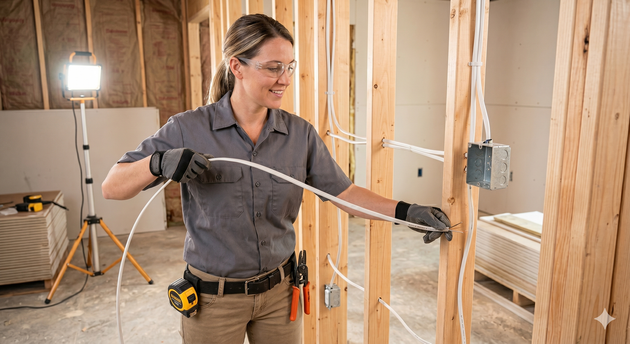 Woman measuring wiring inside a house under construction with a tape measure and tool belt