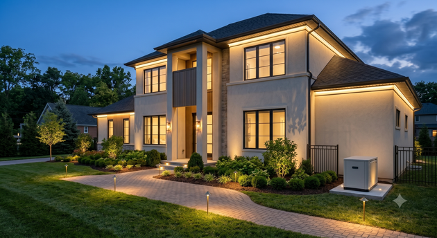 Modern two-story house at dusk with warm lit windows, front walkway, and landscaped yard